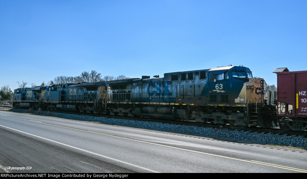 CSX 63, 49 & 5440 stopped with a ballast train
